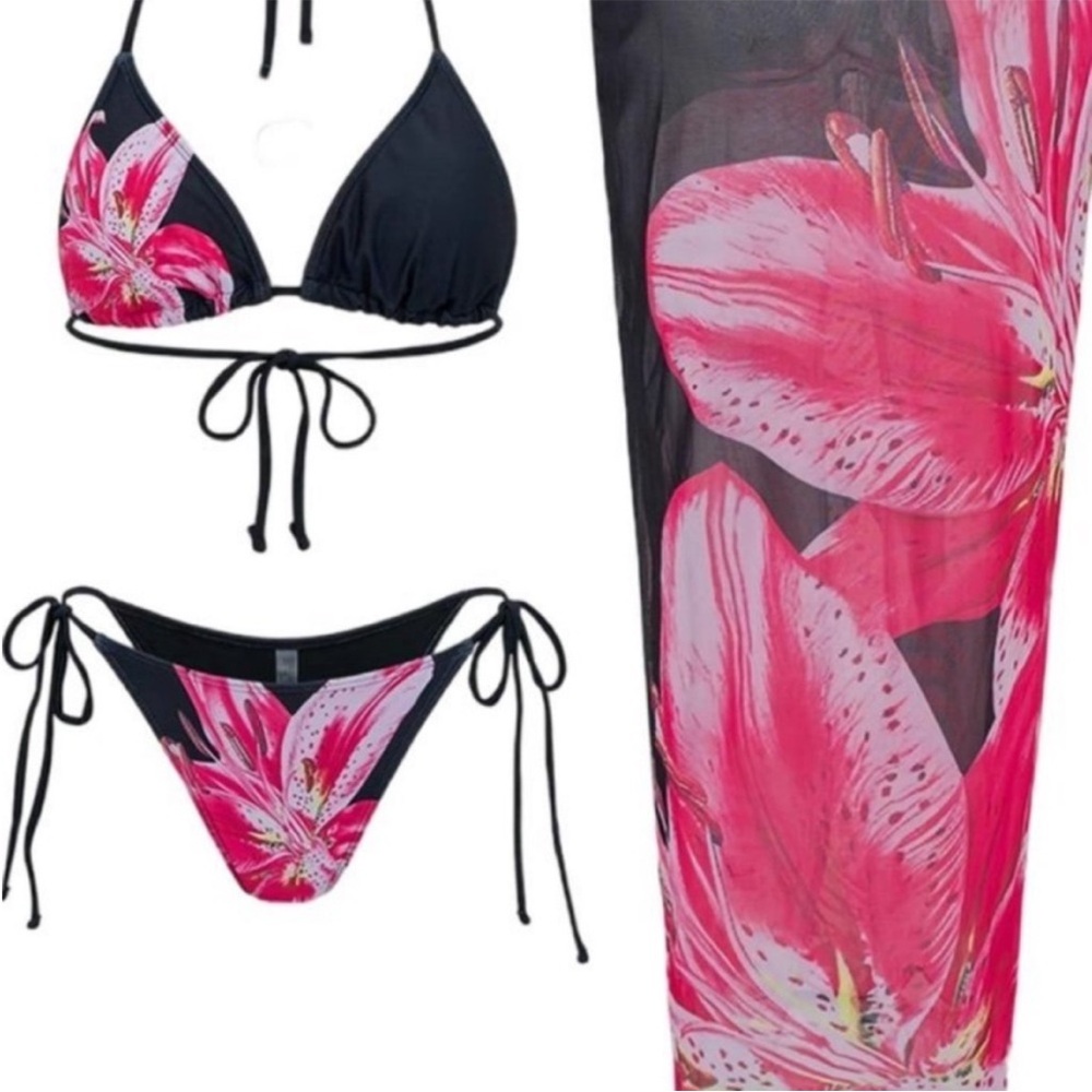 Floral Black and Pink Bikini Set